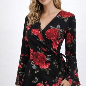 BCX Black Red Rose Floral Wrap Top Size M